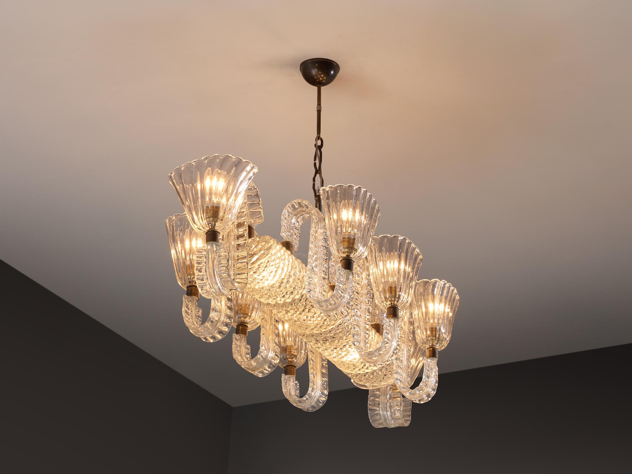 Art déco Barovier & Toso Large Italian Chandelier in Crystal Glass and Brass en vente