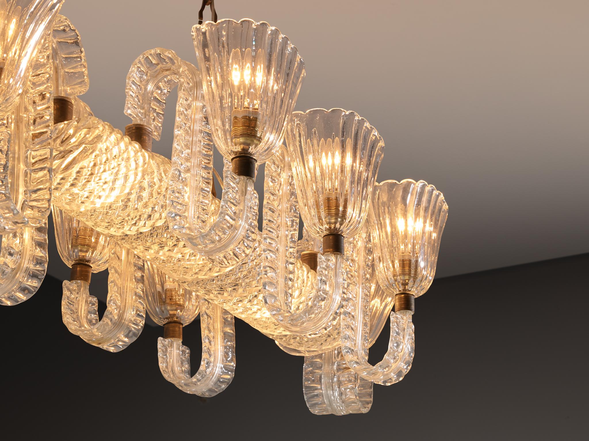 Barovier & Toso Large Italian Chandelier in Crystal Glass and Brass Bon état - En vente à Waalwijk, NL