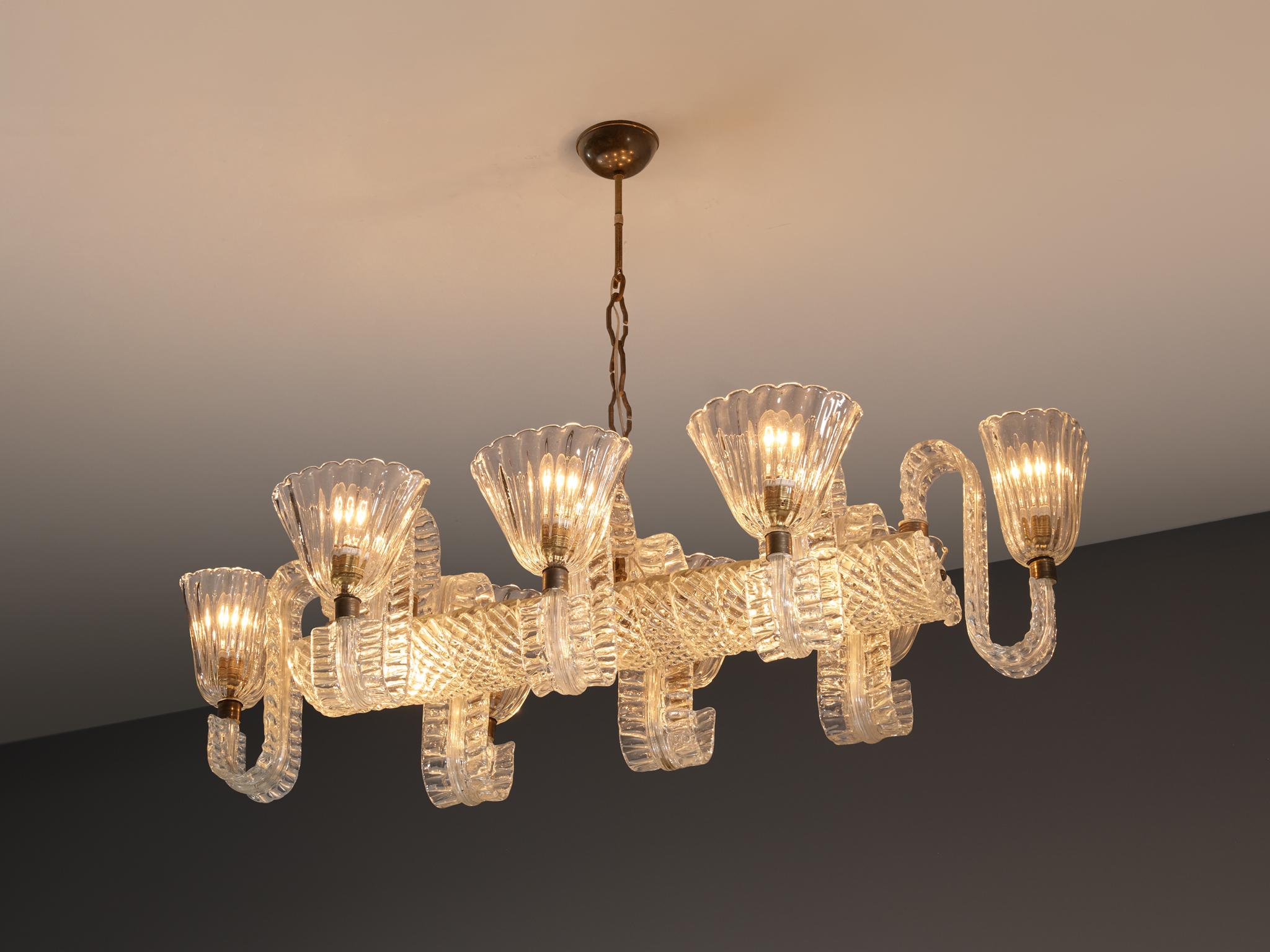 Ottone Barovier&Toso Grande lampadario italiano in vetro cristallo e ottone in vendita