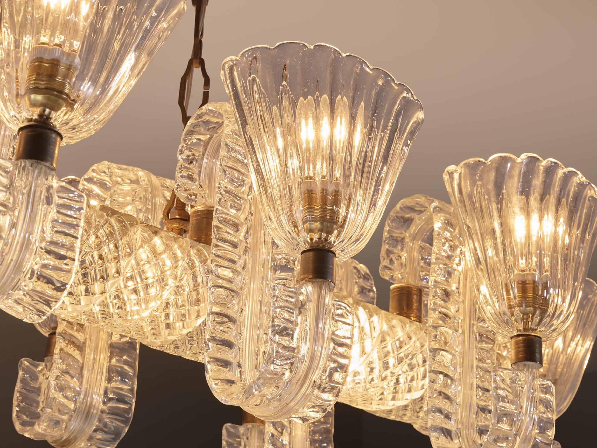 Barovier & Toso Large Italian Chandelier in Crystal Glass and Brass en vente 1