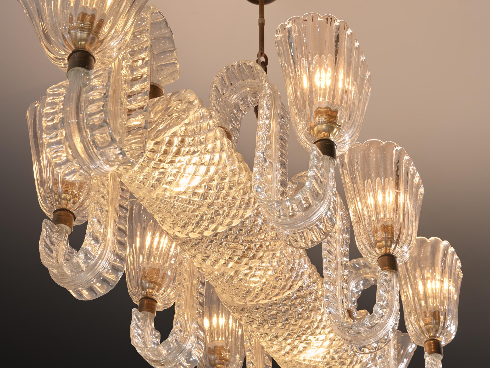 Barovier & Toso Large Italian Chandelier in Crystal Glass and Brass en vente 2
