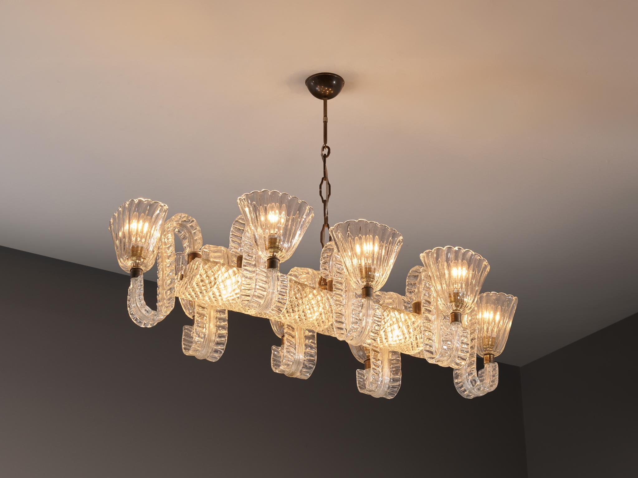 Barovier&Toso Grande lampadario italiano in vetro cristallo e ottone