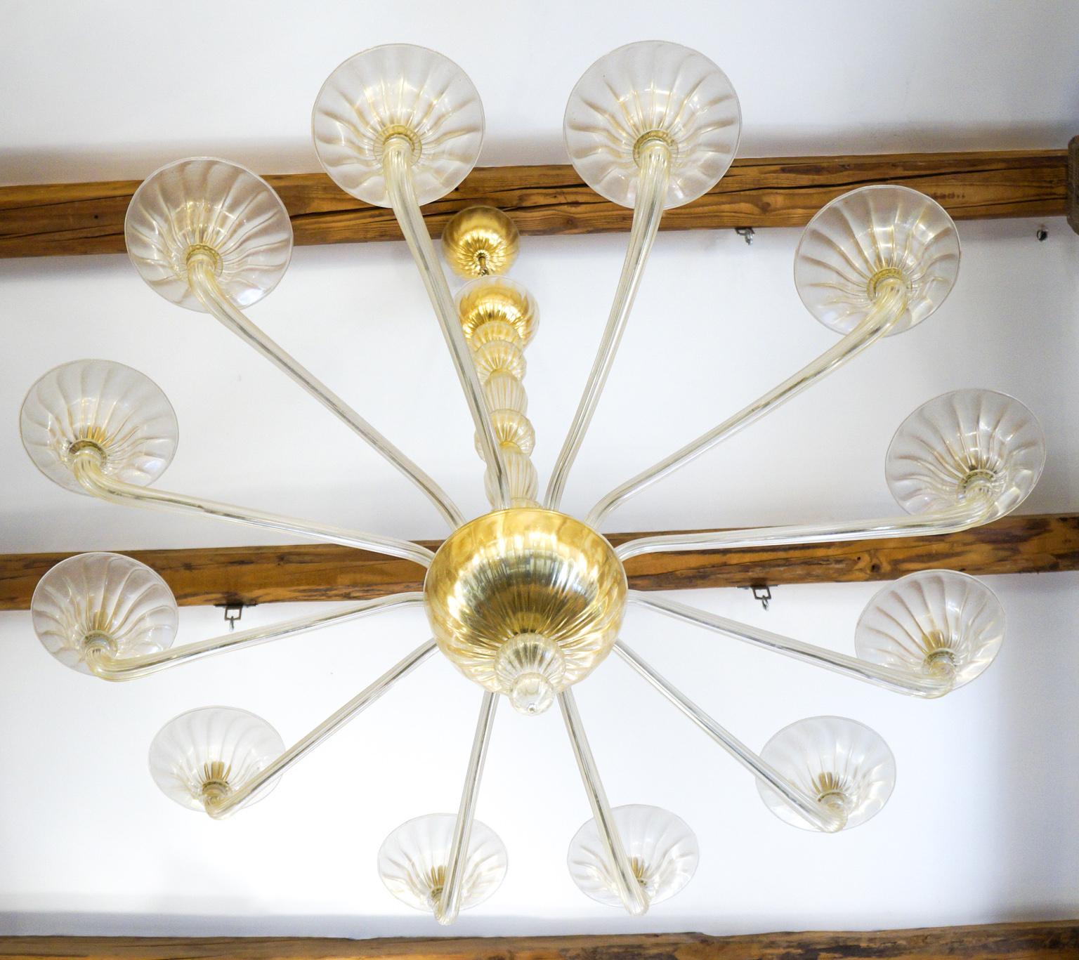 Italian Barovier & Toso Mid-Century Gold Murano Glass Chandelier, 1982 For Sale