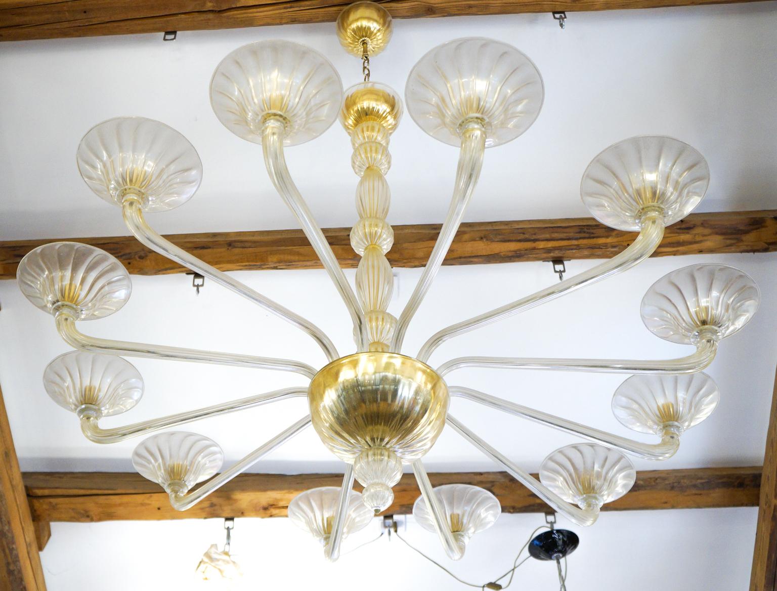 Hand-Crafted Barovier & Toso Mid-Century Gold Murano Glass Chandelier, 1982 For Sale