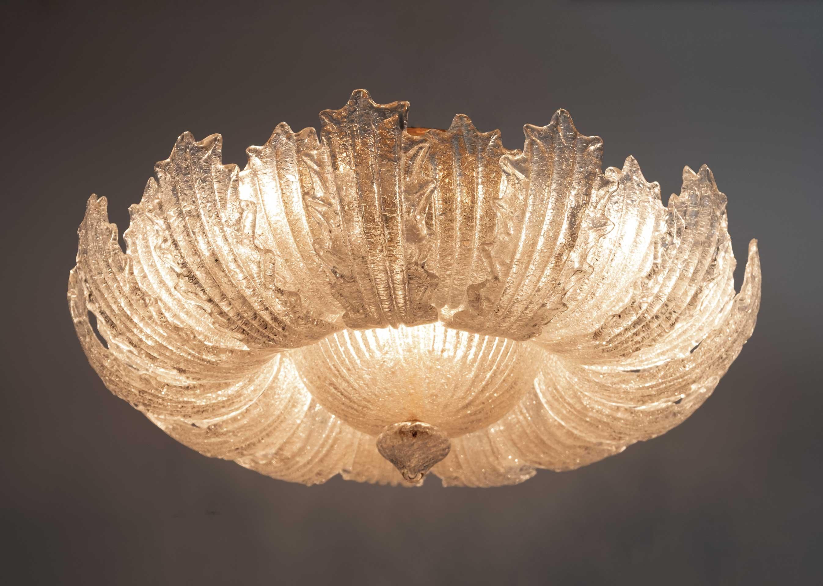 Pair of Barovier & Toso Mid-Century Modern Brass and Murano Glass Ceiling Lights 5