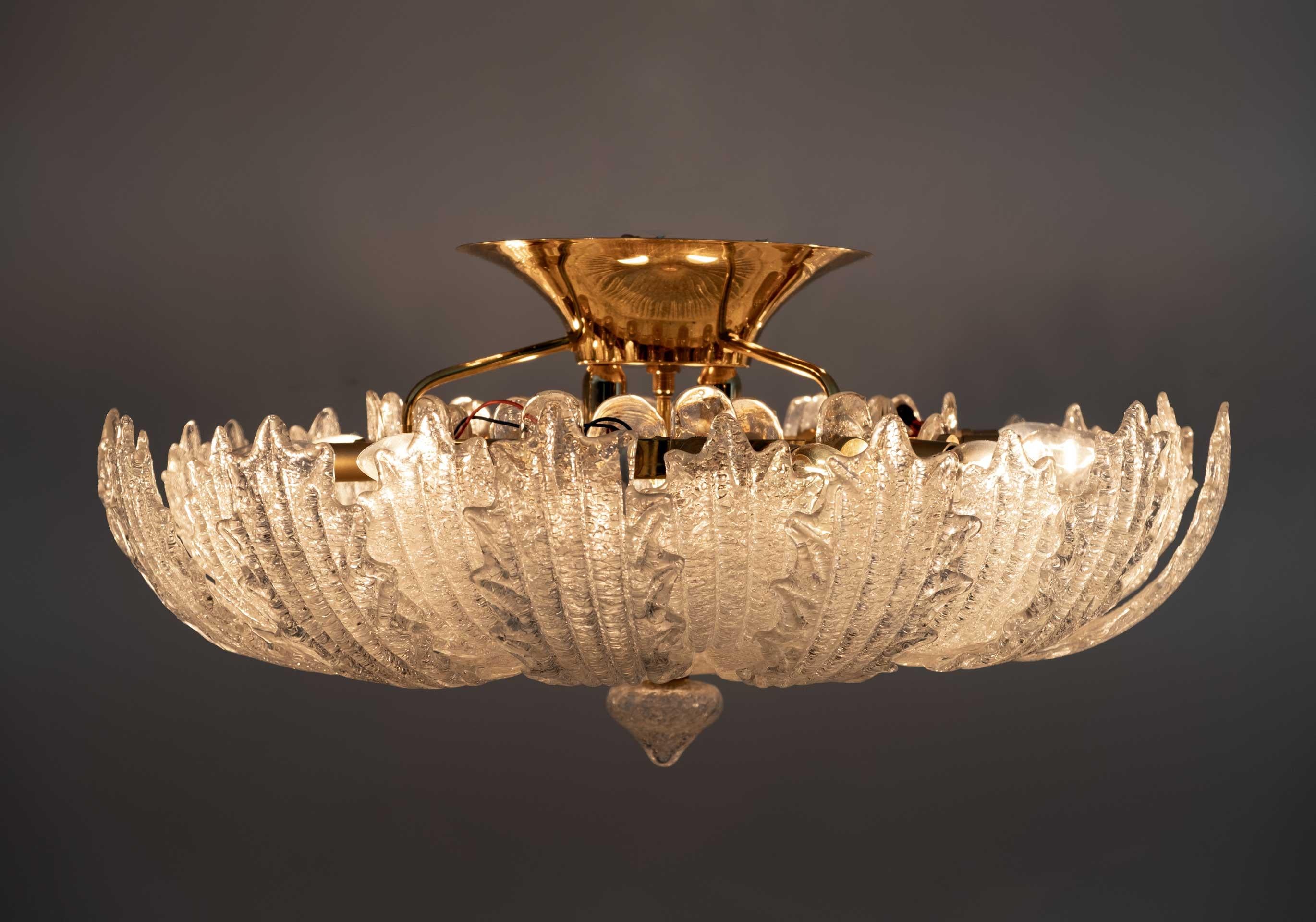 Pair of Barovier & Toso Mid-Century Modern Brass and Murano Glass Ceiling Lights 6
