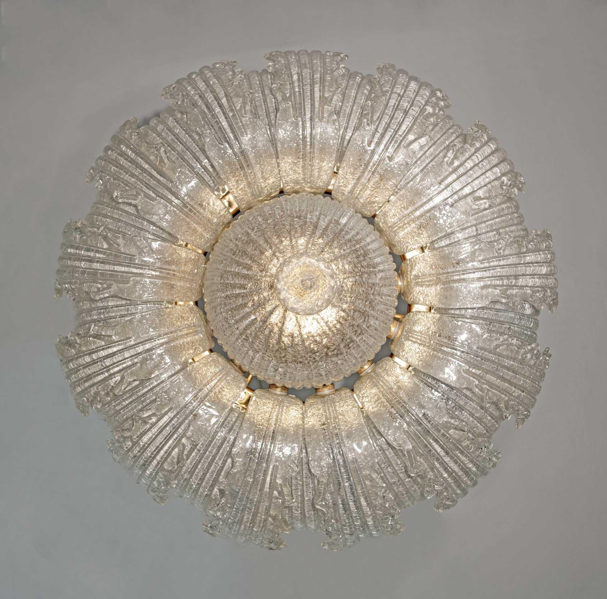 Late 20th Century Pair of Barovier & Toso Mid-Century Modern Brass and Murano Glass Ceiling Lights