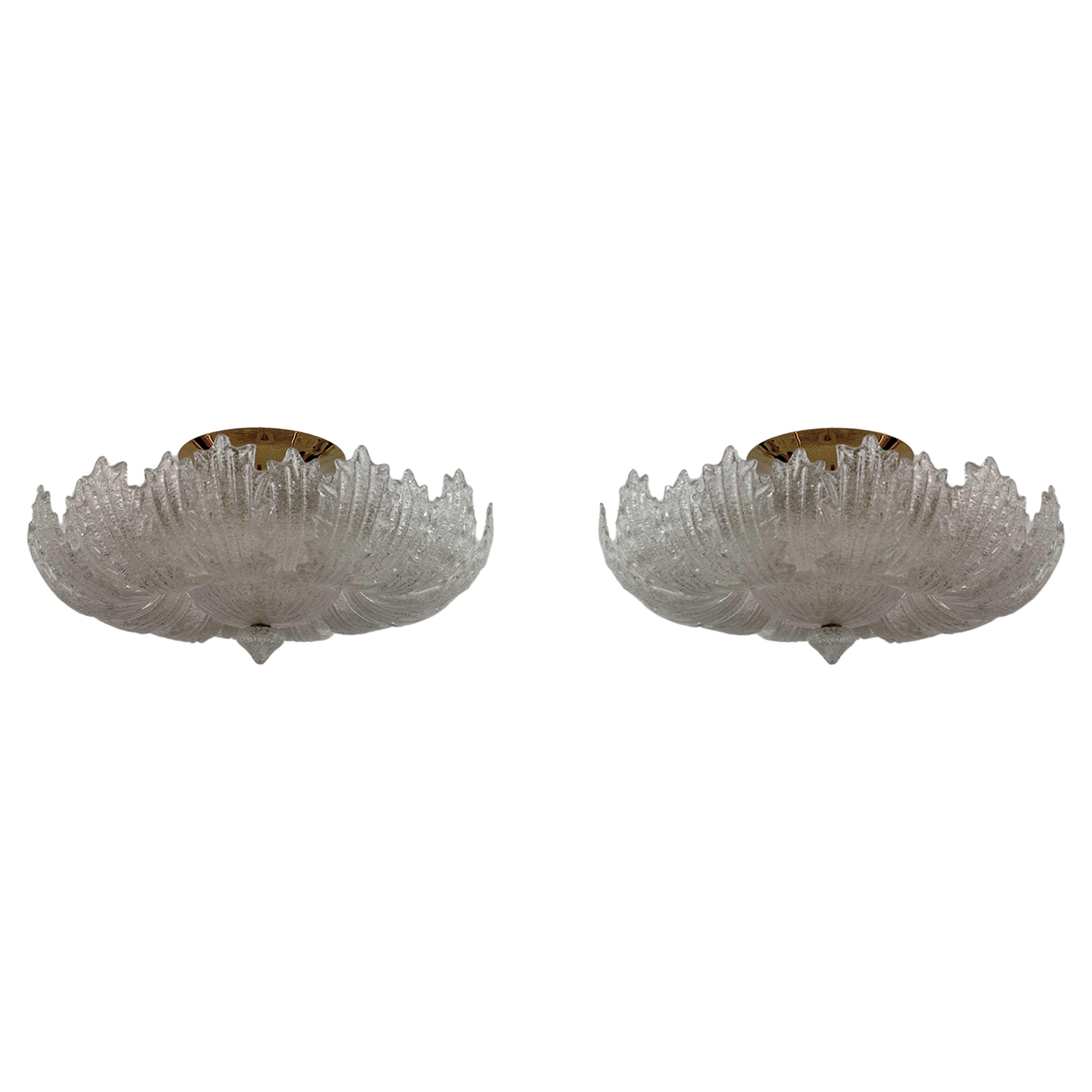 Pair of Barovier & Toso Mid-Century Modern Brass and Murano Glass Ceiling Lights