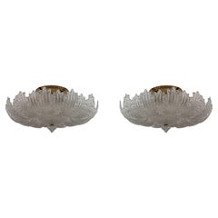 Vintage Pair of Barovier & Toso Mid-Century Modern Brass and Murano Glass Ceiling Lights