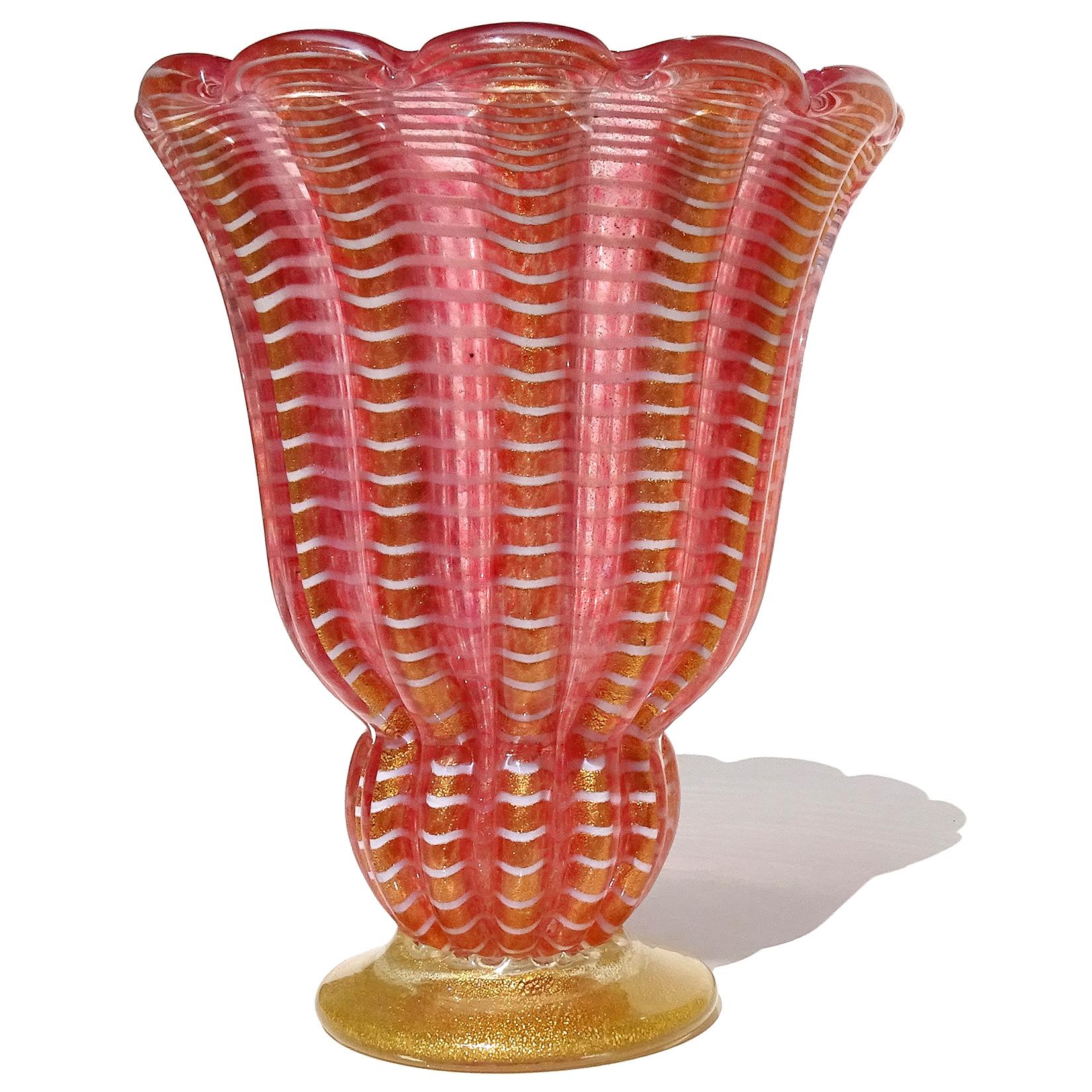 Beautiful, rare, large vintage Murano hand blown pink, white and gold flecks Italian art glass centerpiece flower vase. Documented to designer Ercole Barovier, for Barovier e Toso. Created in the Zebrati design, circa 1949. It is published in a