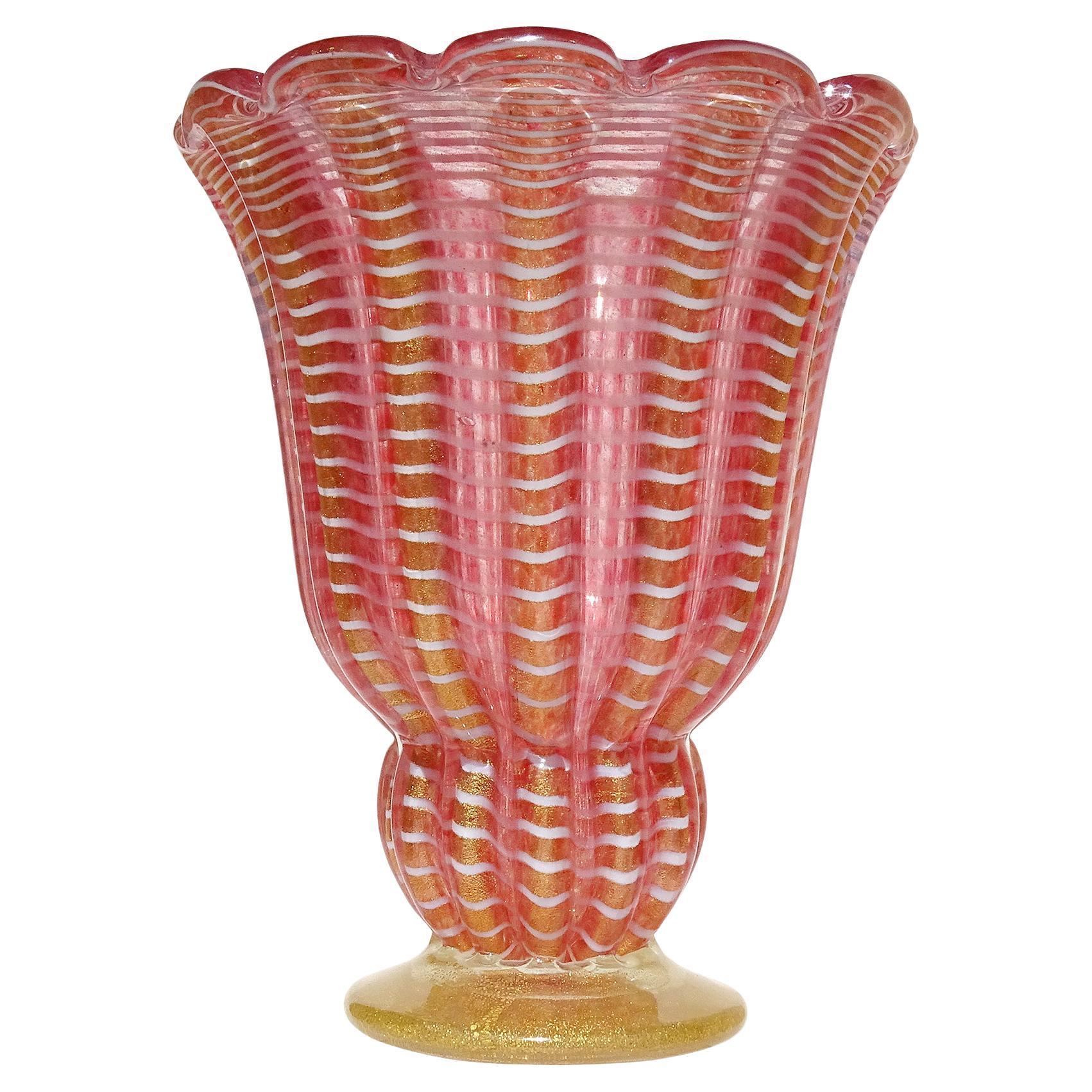 Barovier Toso Murano 1949 Zebrati Pink Gold Flecks Italian Art Glass Flower Vase