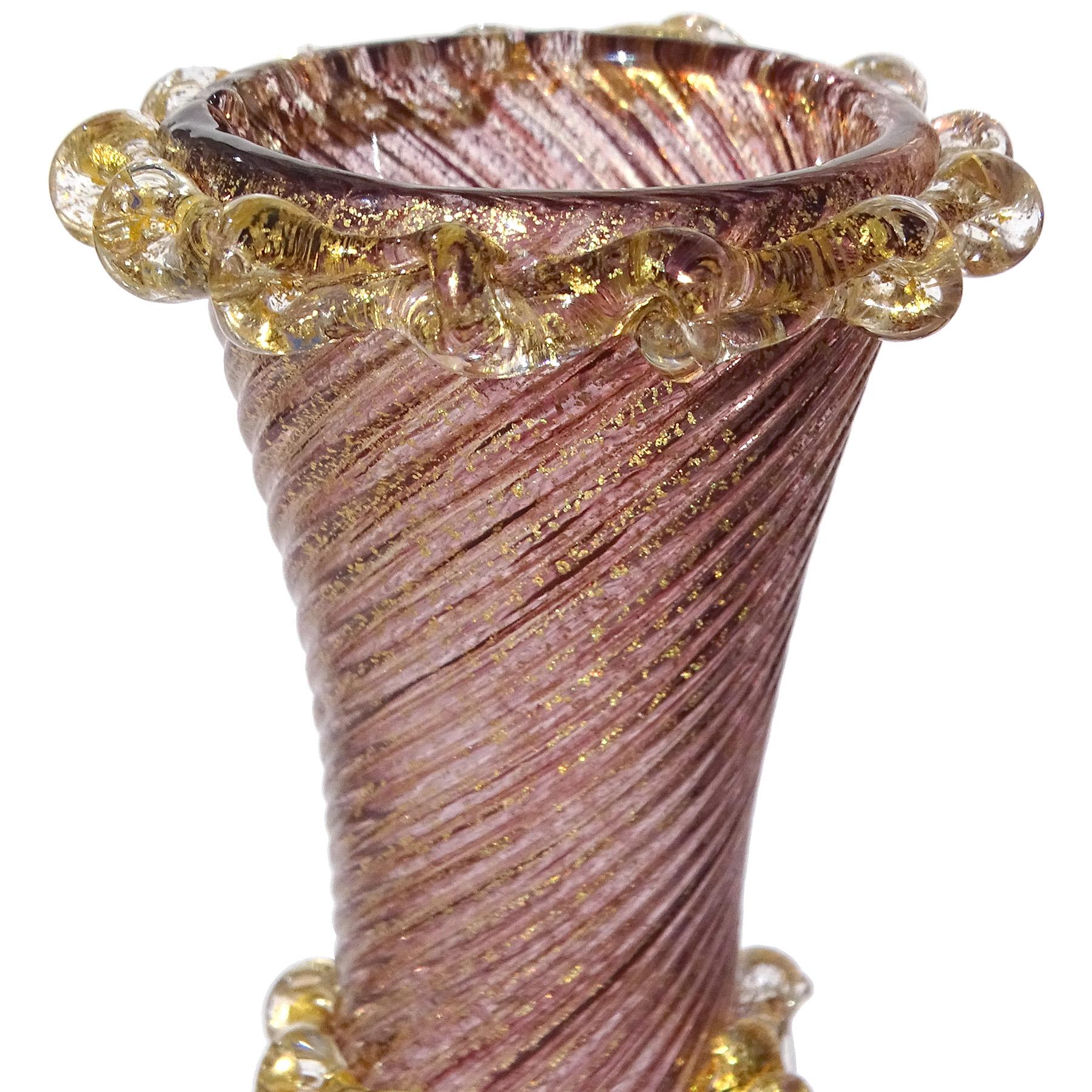 Italiano Barovier&Toso Vaso da fiori con piede in vetro artistico italiano di Murano con macchie d'oro e ametista in vendita