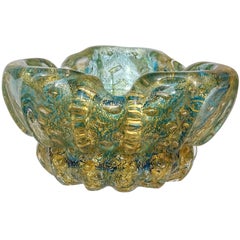 Barovier Toso Murano Aqua Green Heavy Gold Flecks Italian Art Glass Ashtray Bowl