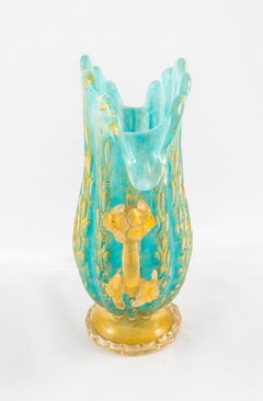 Murano Glass Vase by Ercole Barovier, Turquoise & Gold, Italy, 1950s