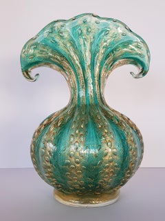 Barovier Toso Murano Art Glass Vase Cordonato d'Oro Ropes of Gold Emerald Green