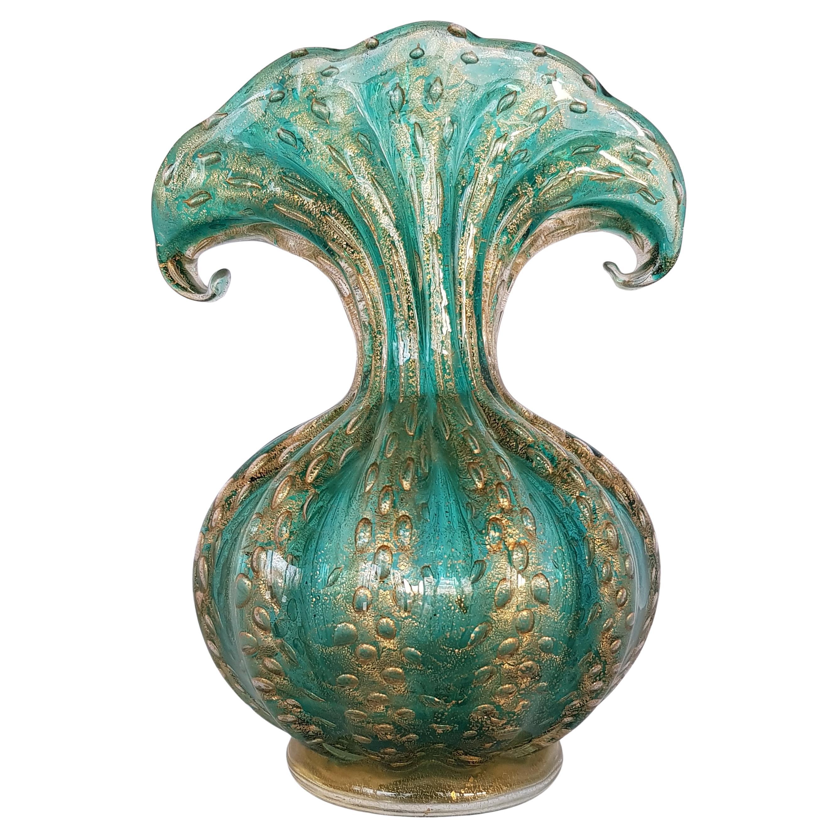 Barovier Toso Murano Art Glass Vase Cordonato d'Oro Ropes of Gold Emerald Green