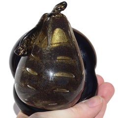 Barovier Toso Murano Black Gold Flecks Italian Art Glass Pear Fruit Paperweight