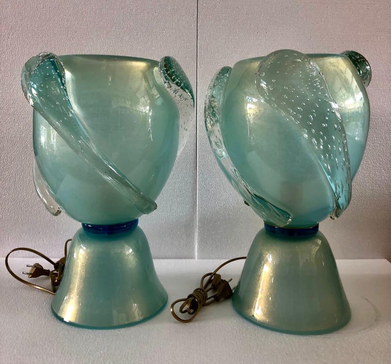 Brass Barovier&Toso Murano Blown Glass turquoise Color Midcentury TableLamp, 1950 For Sale
