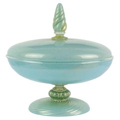 Barovier Toso Murano Blue Gold Flecks Italian Art Glass Footed Covered Bowl