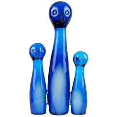 Barovier Toso Murano Blau Opal Weiß Italienische Kunstglas Pinguin Familie Skulptur