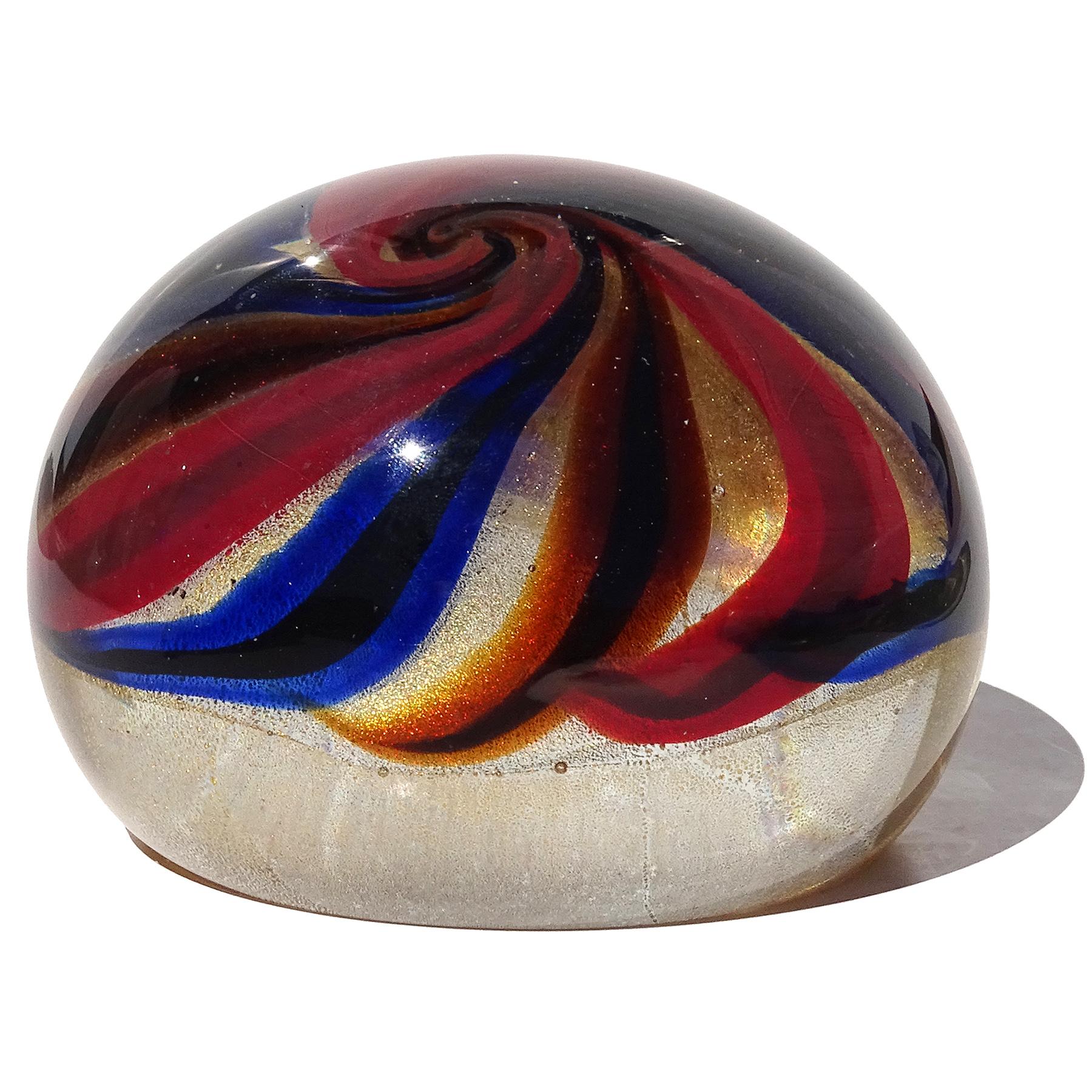 Hand-Crafted Barovier Toso Murano Blue Orange Red Gold Flecks Italian Art Glass Paperweight For Sale