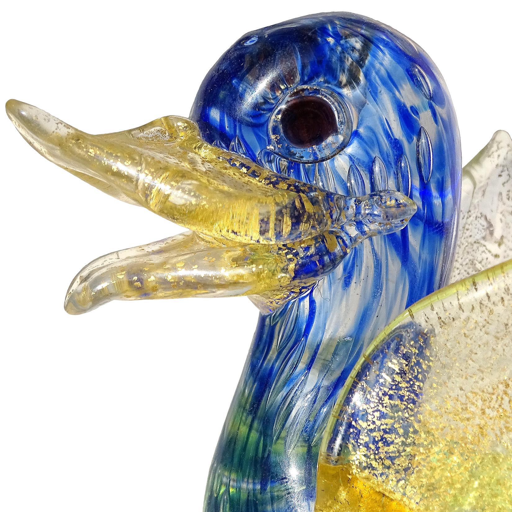 Mid-Century Modern Barovier Toso Murano Blue Yellow Gold Flecks Italian Art Glass Bird Figurine