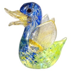 Barovier Toso, Vogelfigur aus italienischem Muranoglas mit blauen Gelbgoldflecken, Barovier