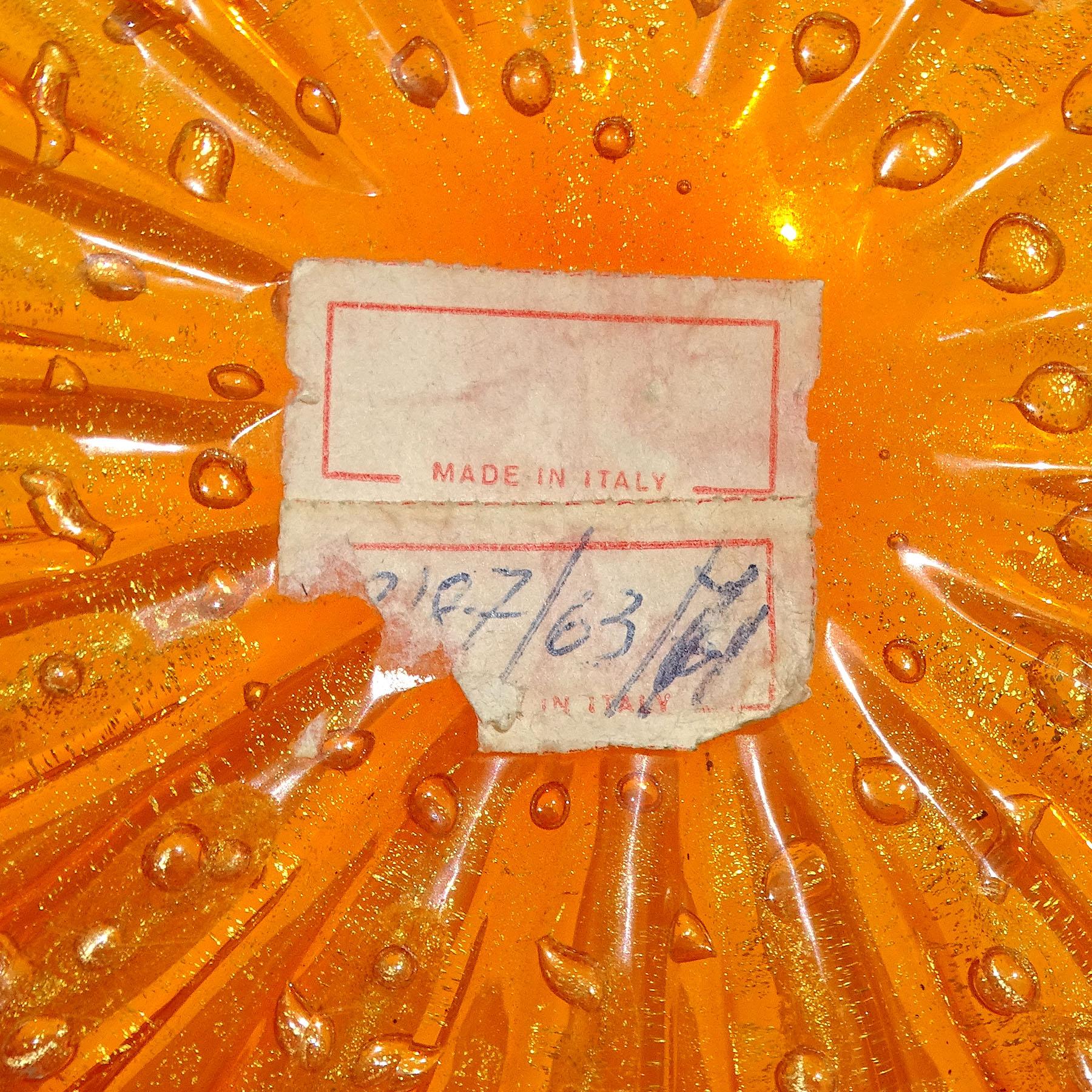 Barovier Toso Tazón festoneado de cristal artístico italiano de Murano naranja brillante con motas doradas Vidrio en venta