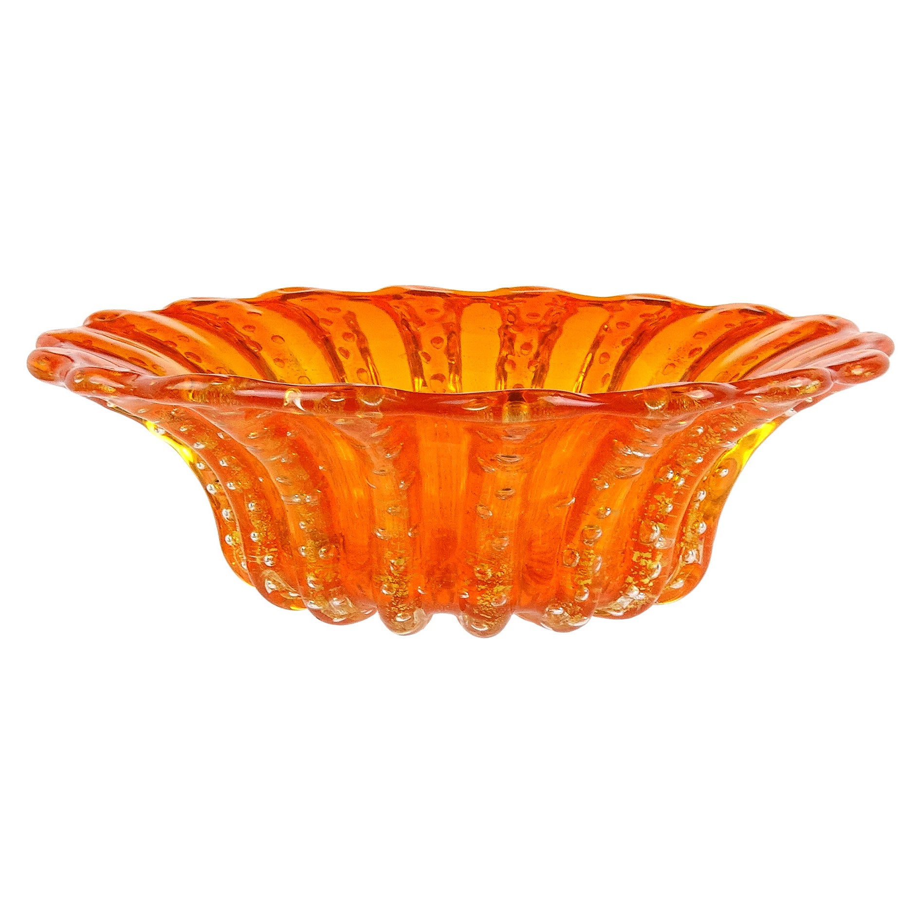 Barovier&Toso Murano Ciotola smerlata in vetro artistico italiano, arancione brillante e a macchie d'oro