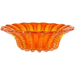Barovier Toso Murano Bright Orange Gold Flecks Italian Art Glass Scalloped Bowl