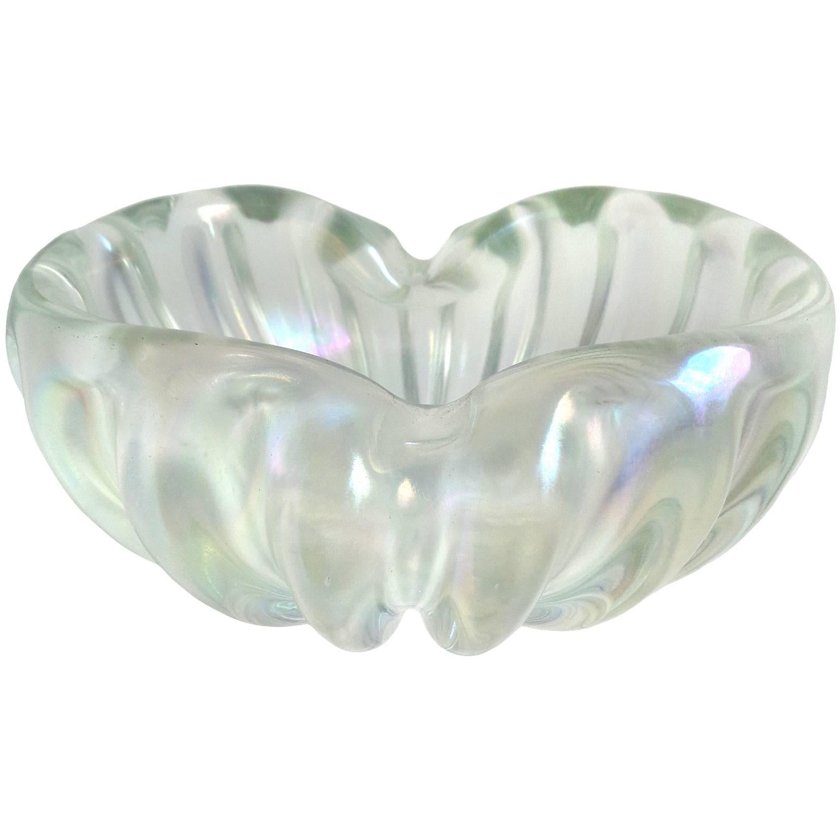 Mid-Century Modern Barovier Toso Murano Clear Iridescent Italian Art Glass Chunky Ribbed Bowl For Sale
