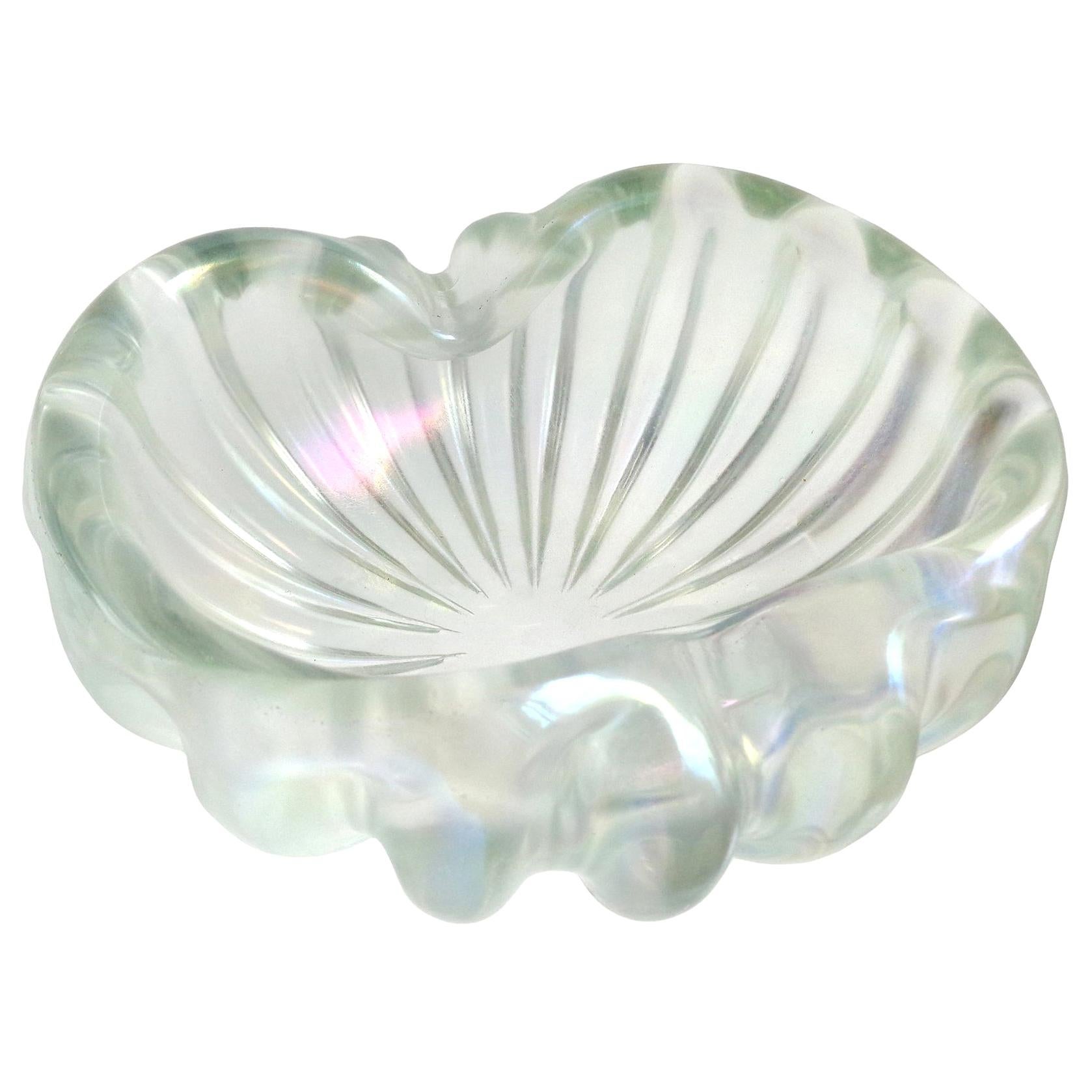 Barovier Toso Murano Clear Iridescent Italian Art Glass Chunky Ribbed Bowl For Sale