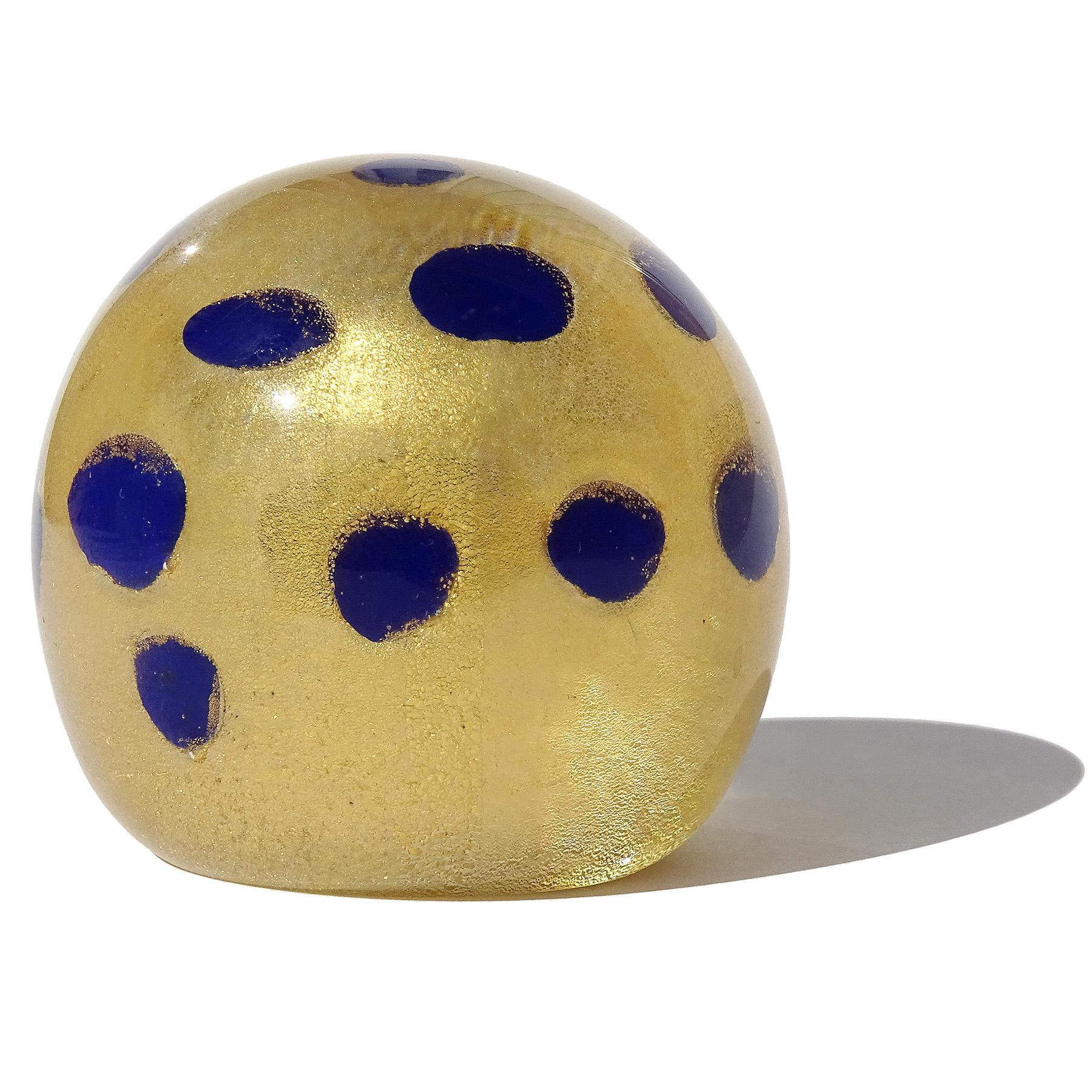 Mid-Century Modern Barovier Toso Murano Cobalt Blue Gold Flecks Italian Art Glass Paperweight