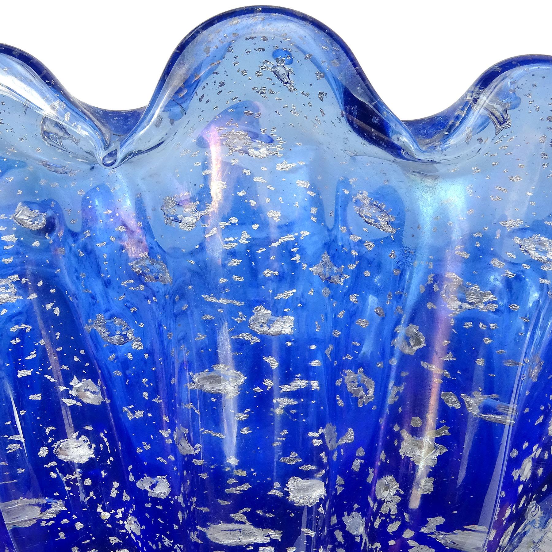 Hand-Crafted Barovier Toso Murano Cobalt Blue Silver Flecks Italian Art Glass Shell Bowl Vase For Sale