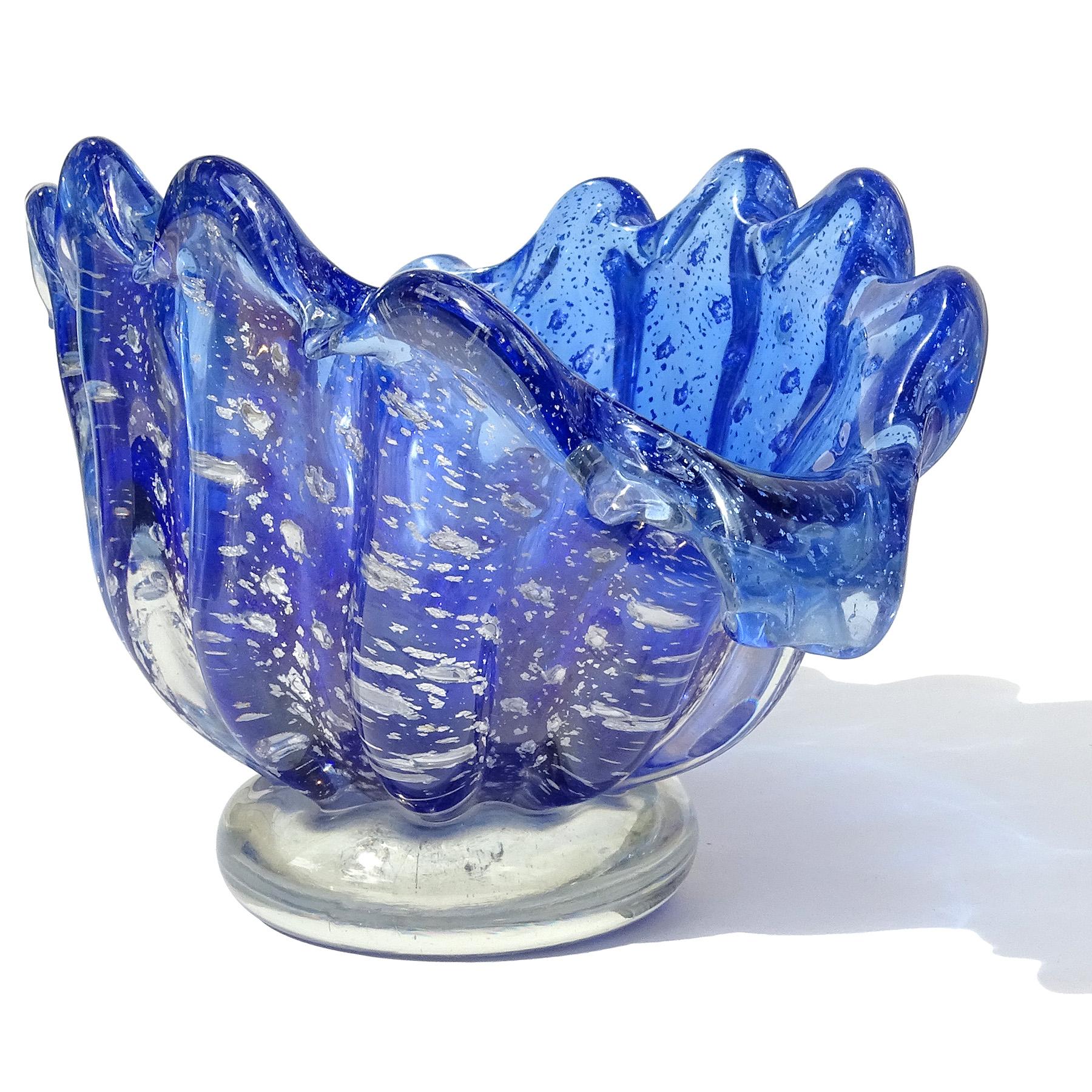 20th Century Barovier Toso Murano Cobalt Blue Silver Flecks Italian Art Glass Shell Bowl Vase For Sale