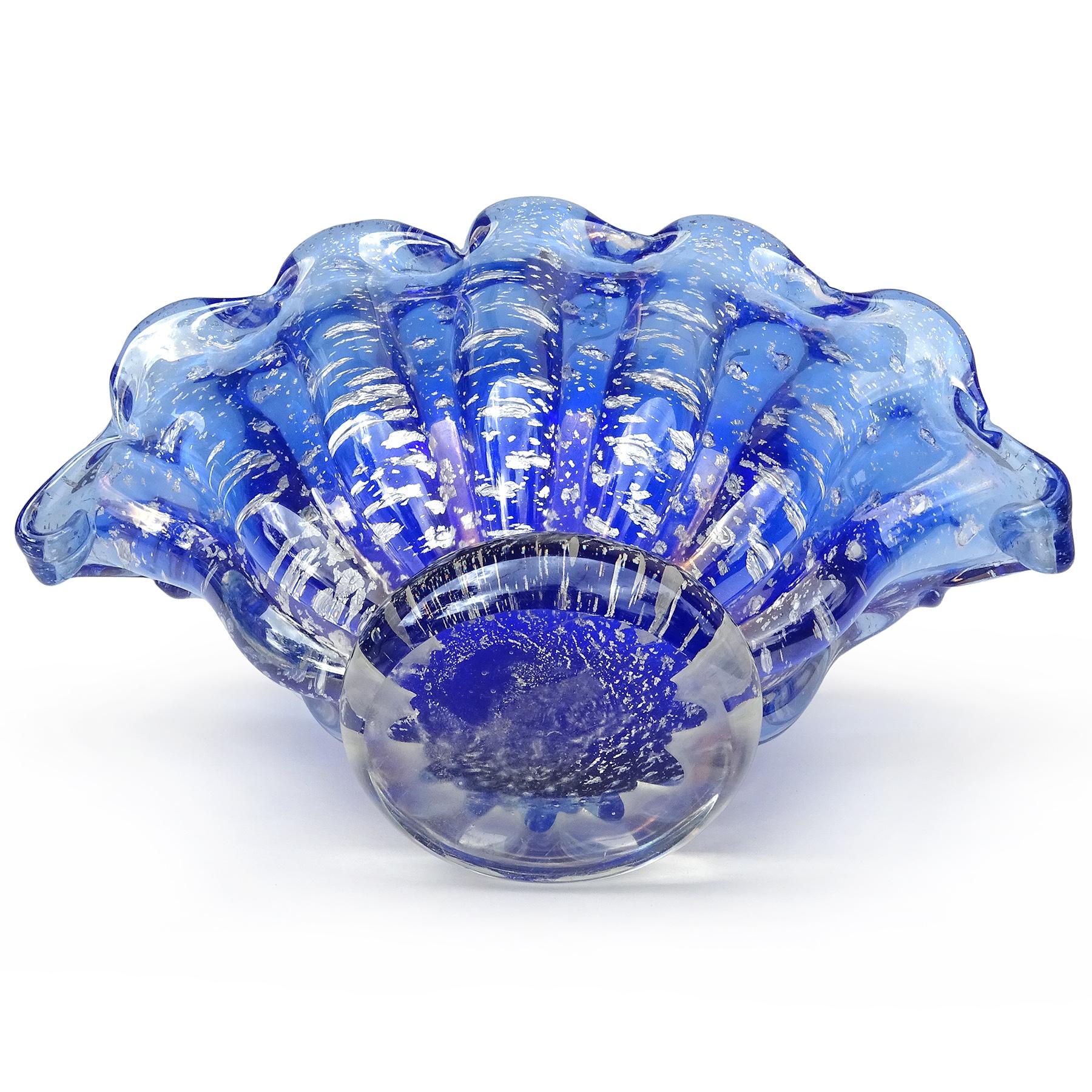 Barovier Toso Murano Cobalt Blue Silver Flecks Italian Art Glass Shell Bowl Vase For Sale 1