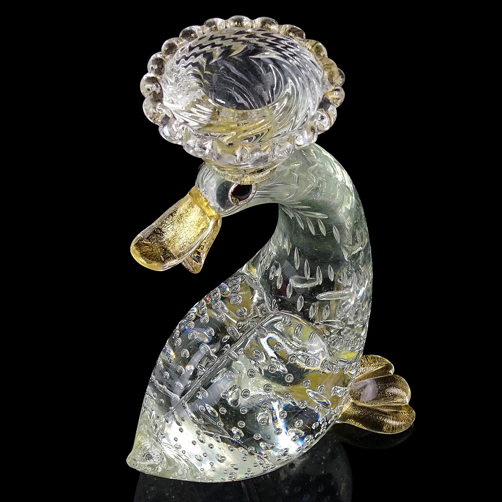 Barovier Toso Murano Crystal Clear Gold Italian Art Glass Candlestick Sculpture In Good Condition For Sale In Kissimmee, FL
