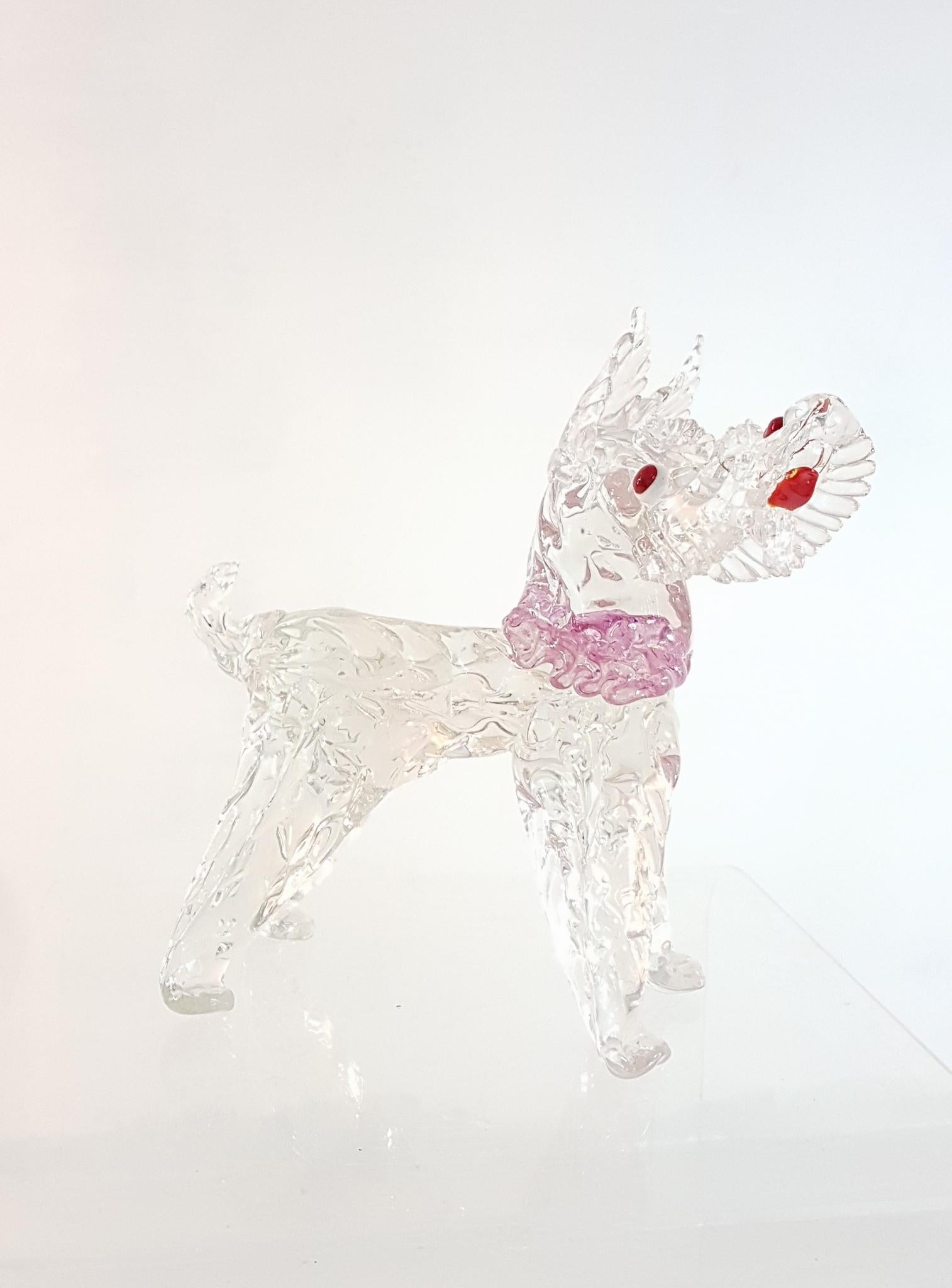 Cute Barovier Toso Murano hand blown Scottie dog figurine in clear, red and pink Italian art glass. Great condition.
