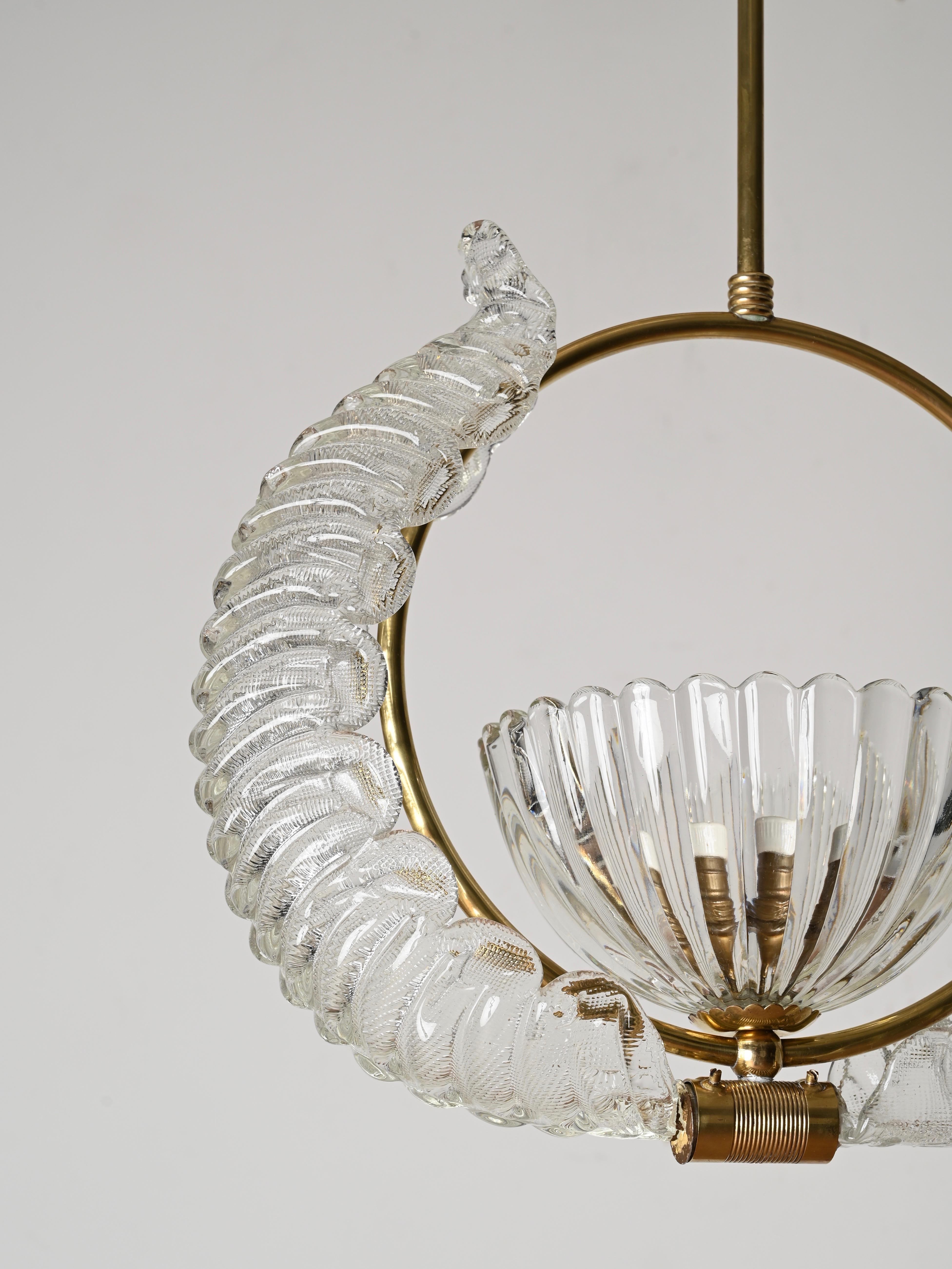 Barovier & Toso Murano-Glas und Messing-Blumen-Kronleuchter, Italien, 1940er Jahre (Handgefertigt) im Angebot