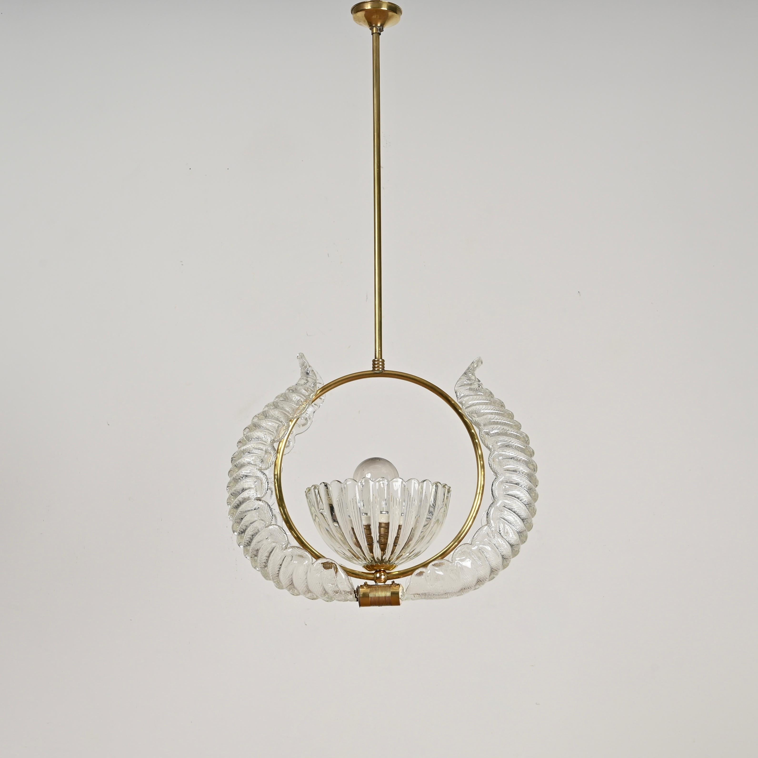 Barovier & Toso Murano-Glas und Messing-Blumen-Kronleuchter, Italien, 1940er Jahre im Angebot 1