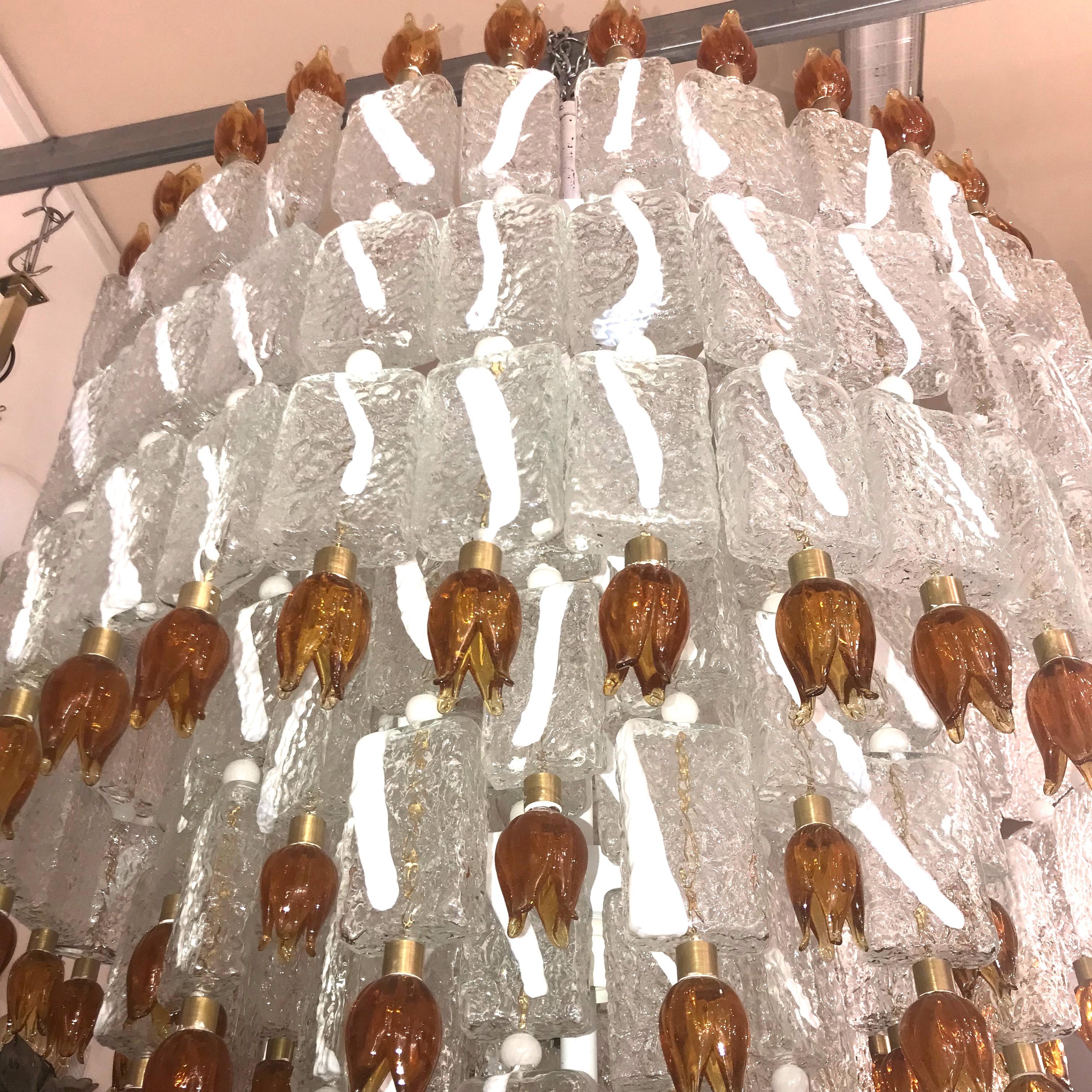 Mid-Century Modern Barovier & Toso Murano Glass Blocks with Gold Rosettes Chandelier, 1940 For Sale