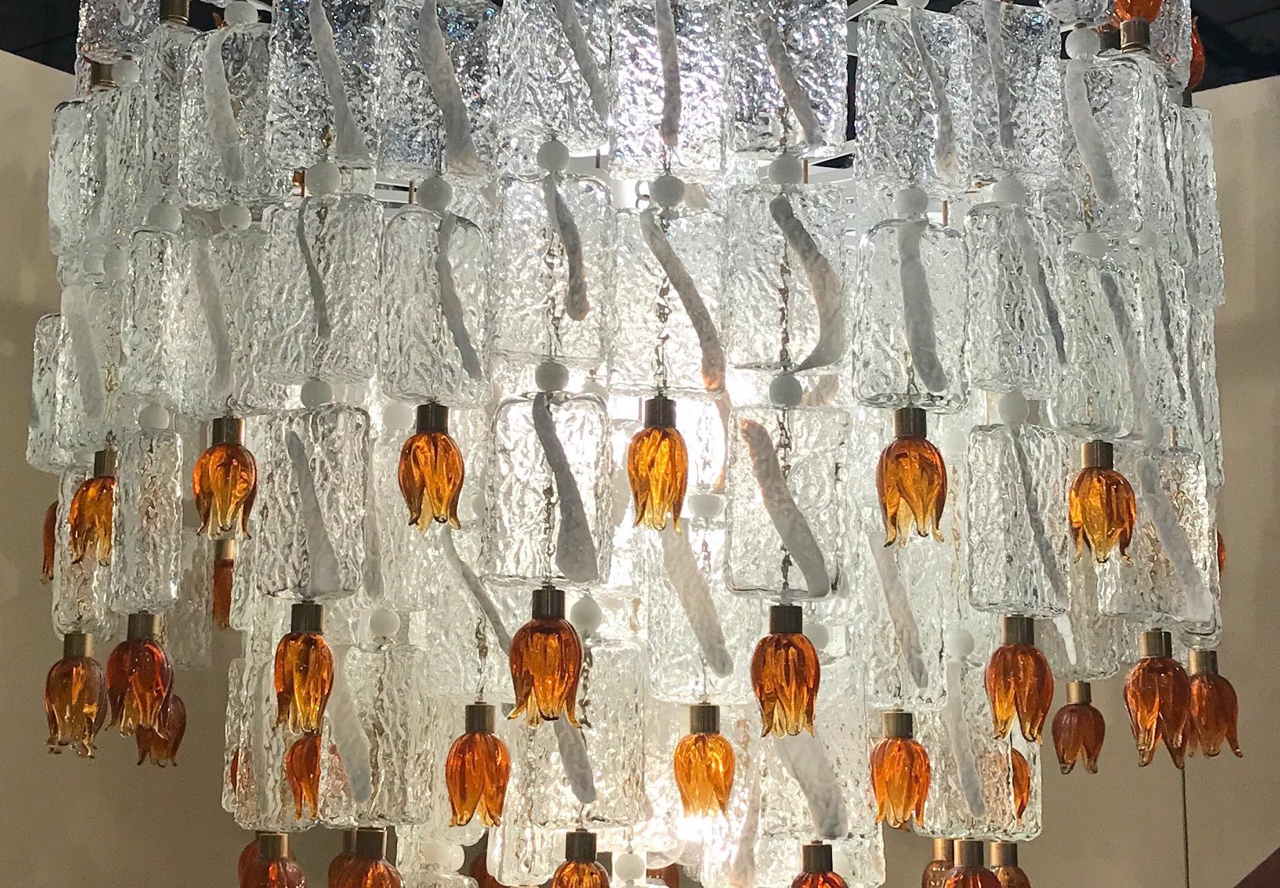Blown Glass Barovier & Toso Murano Glass Blocks with Gold Rosettes Chandelier, 1940 For Sale