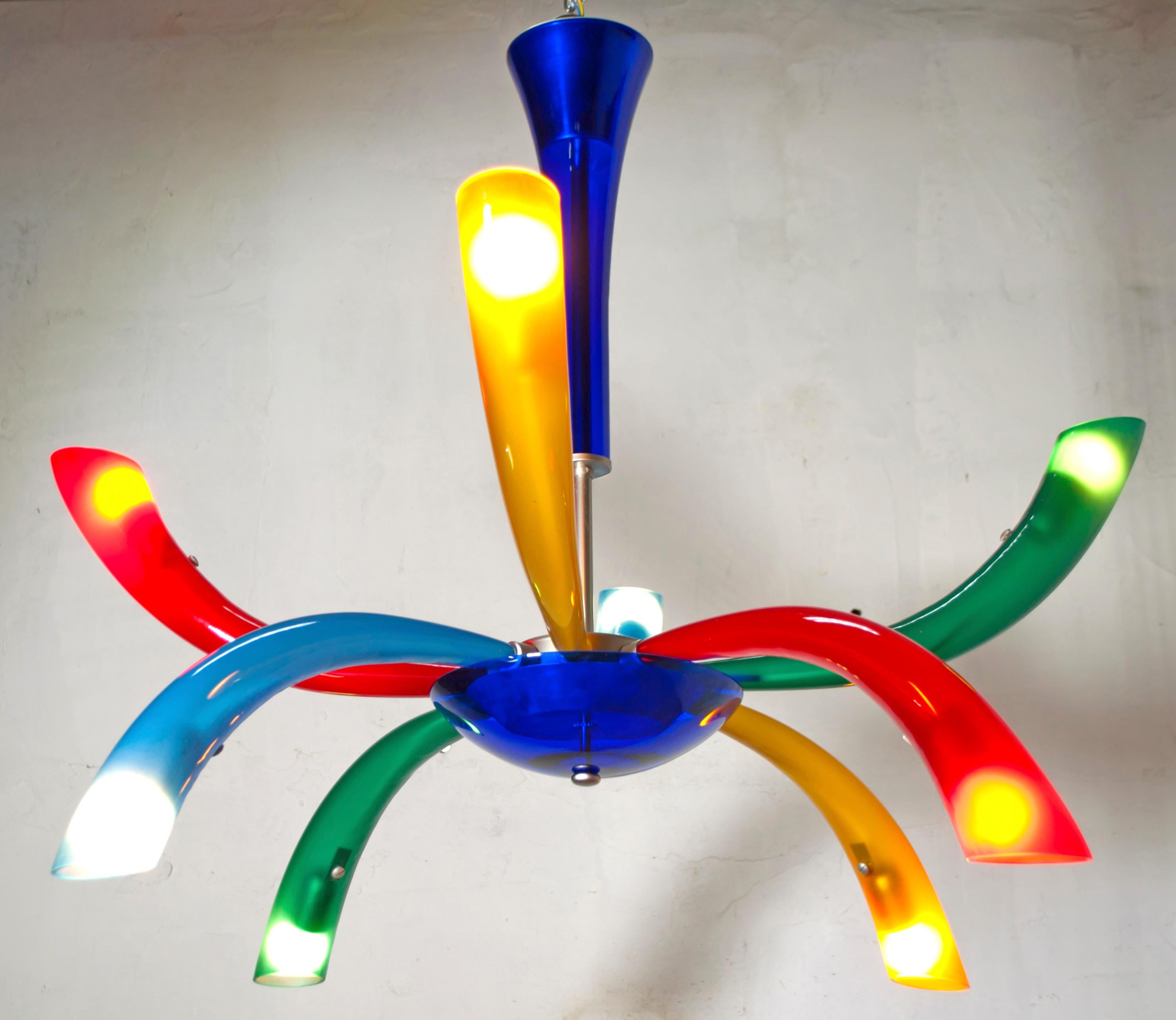 Fireworks is a Murano blown glass chandelier by Barovier and Toso. The arms can adjust all positions up or down, Italy, 1990s.

Barovier artistic glassware has existed since the mid-thirteenth century and is therefore the sixth oldest family