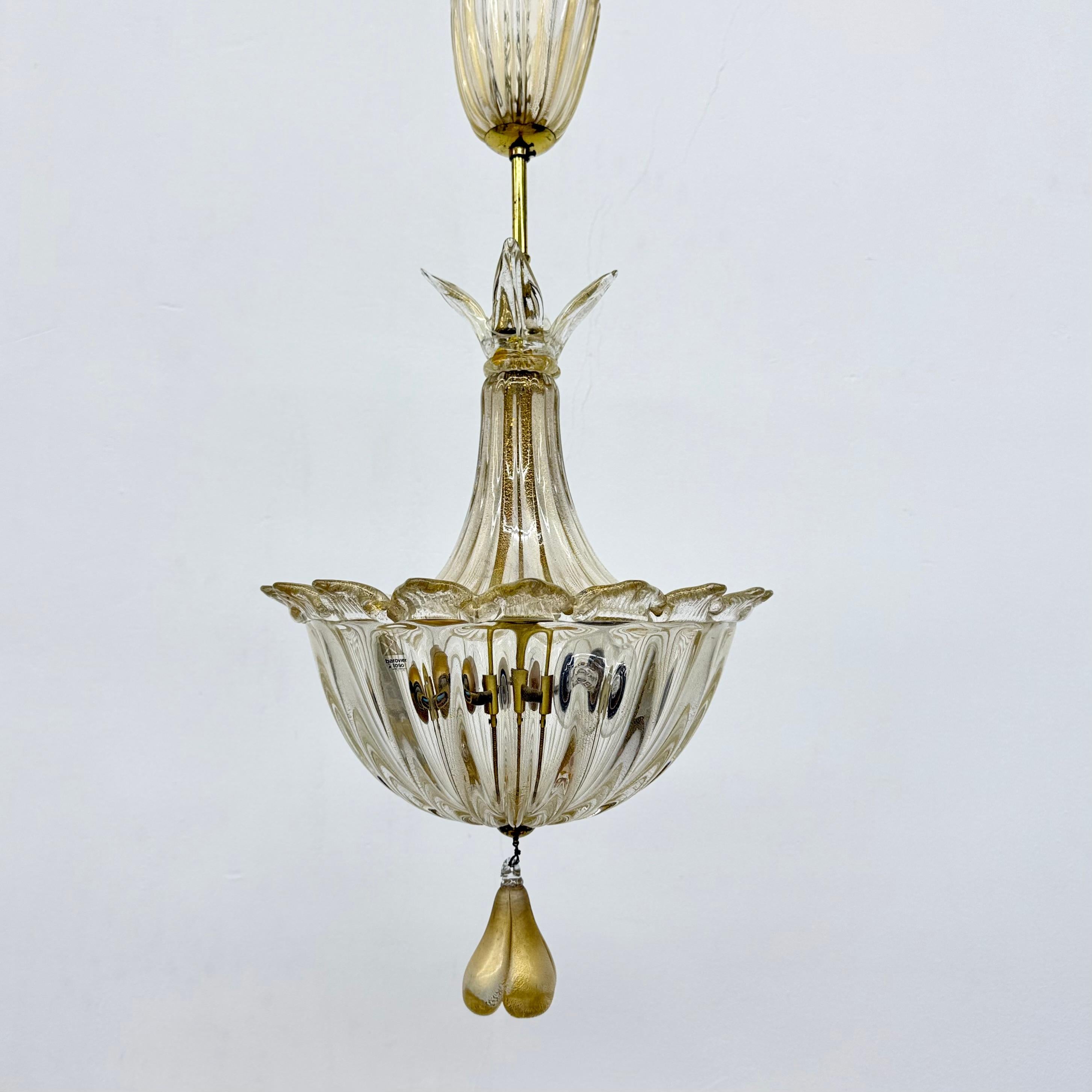 Lampada a sospensione in vetro di Murano e oro di Barovier&Toso , anni '70 In condizioni buone in vendita a Delft, NL