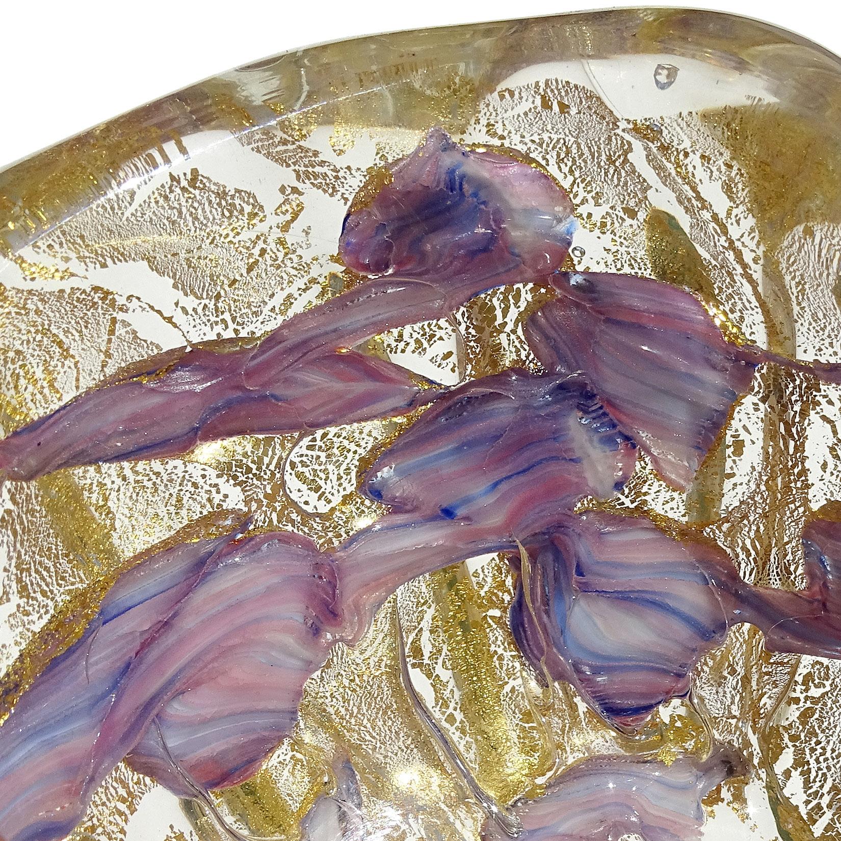 Mid-Century Modern Barovier Toso Murano Gold Fleck Purple Blue Spots Italian Art Glass Bowl Ashtray