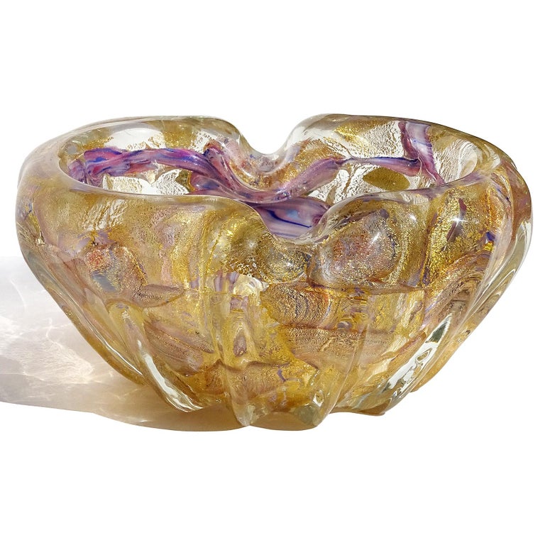 Hand-Crafted Barovier Toso Murano Gold Fleck Purple Blue Spots Italian Art Glass Bowl Ashtray For Sale