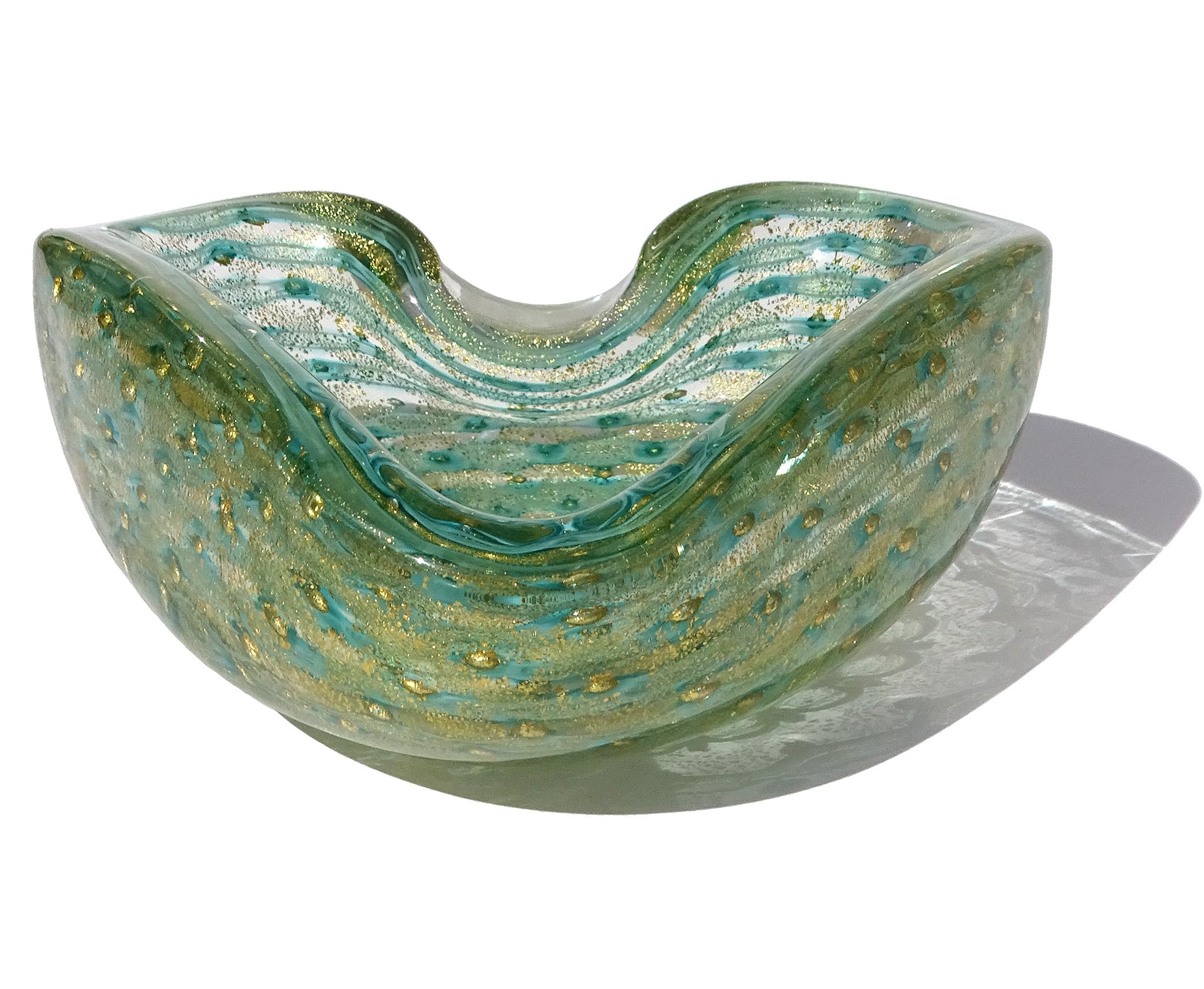 Mid-Century moderno Barovier&Toso Murano Ciotola a cuore in vetro artistico italiano con fiocchi d'oro e nastro verde acqua in vendita