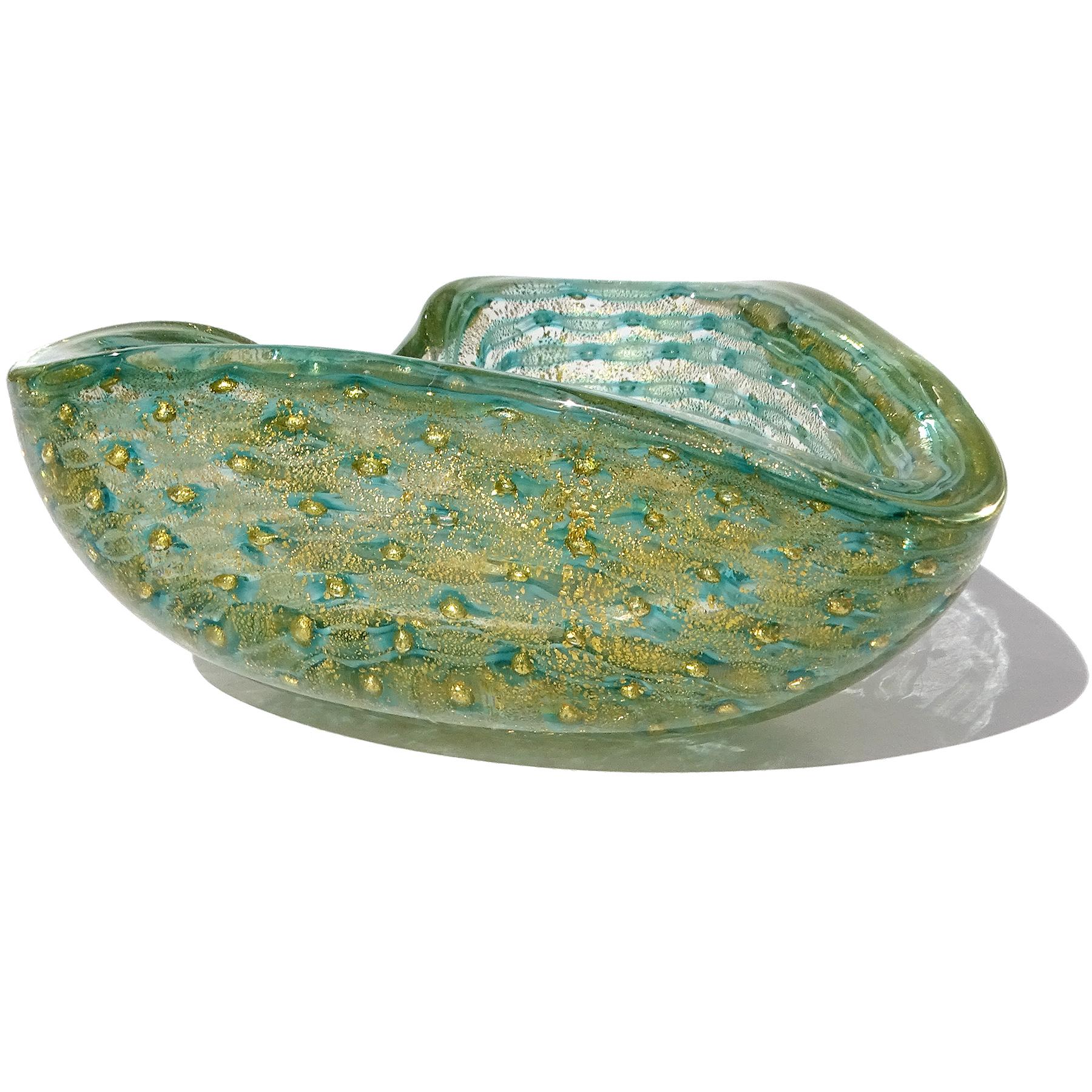 Fatto a mano Barovier&Toso Murano Ciotola a cuore in vetro artistico italiano con fiocchi d'oro e nastro verde acqua in vendita