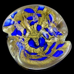 Barovier Toso Murano Gold Flecks Blue Spots Italian Art Glass Bowl Ashtray Dish