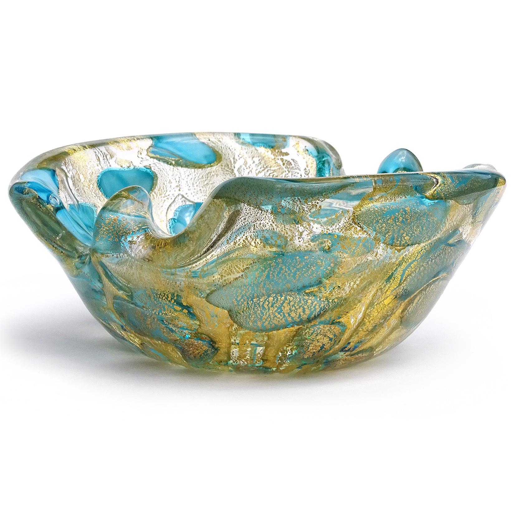 Mid-Century Modern Barovier Toso Murano Gold Flecks Blue Spots Italian Art Glass Bowl Ashtray Dish